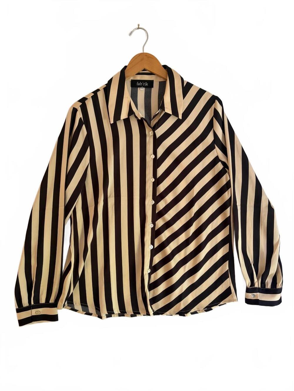 fab'rik Size L Black Cream Mixed Stripe Button Front Blouse Long Sleeve
